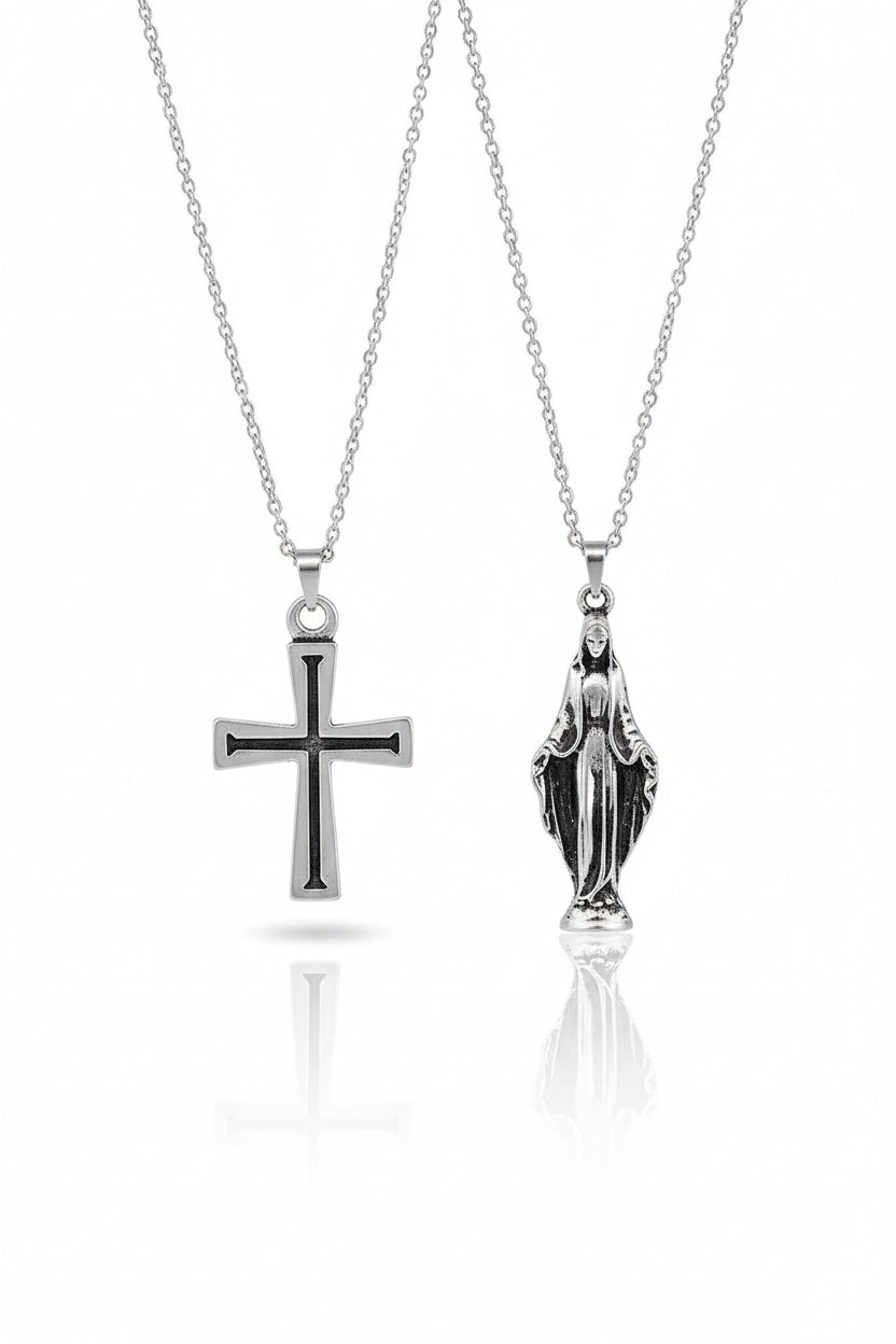 Cross & Virgin Mary 2-Piece Necklace Set for Men | Elvarina