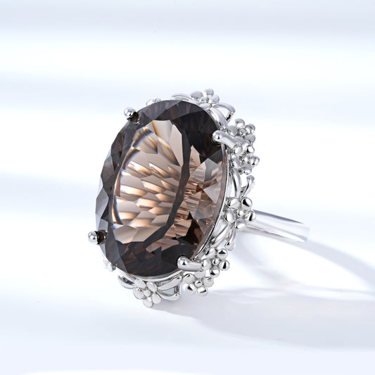 Natural Tea Crystal Ring Set in S925 Sterling Silver | Elvarina