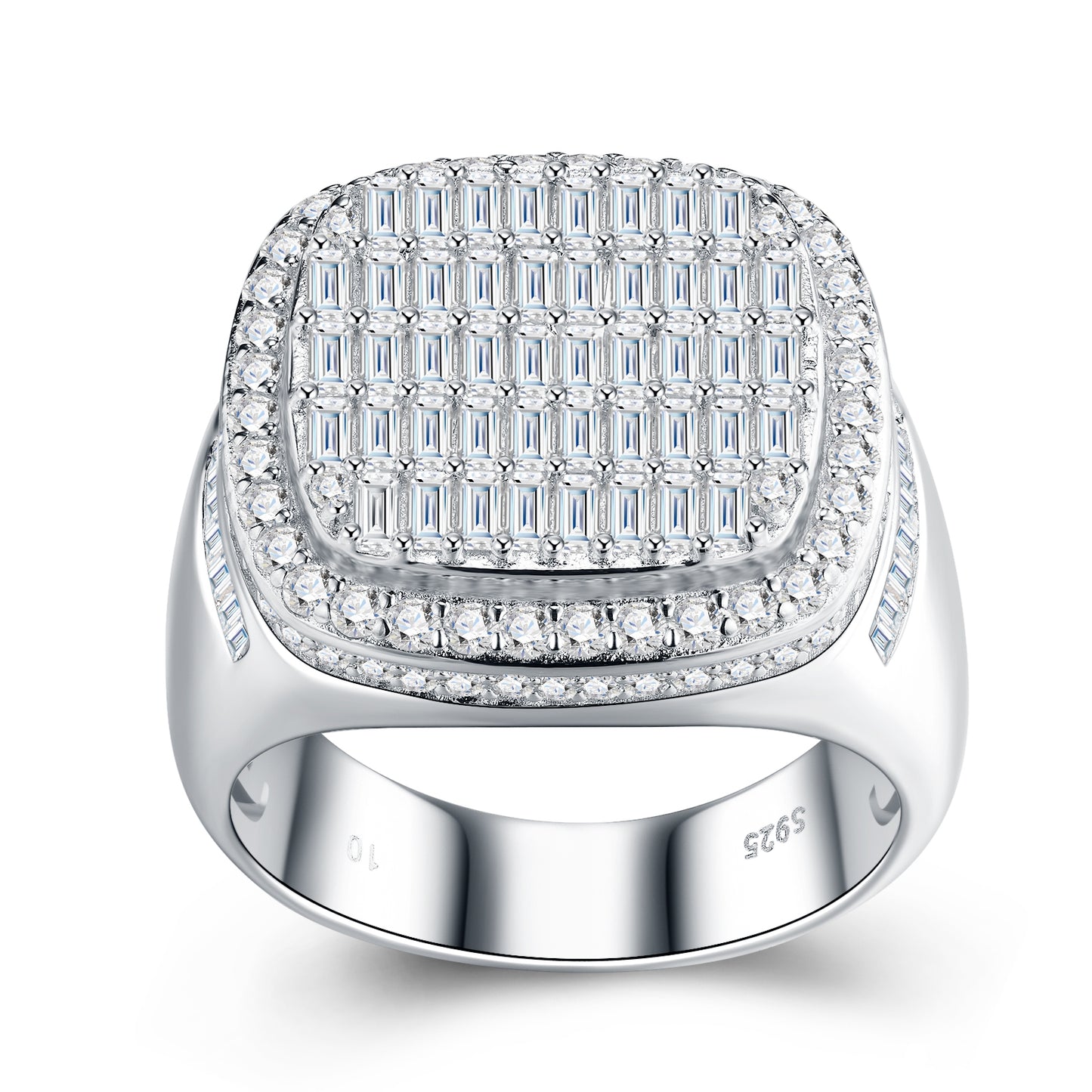 Silver ring with diamond accents on a white background