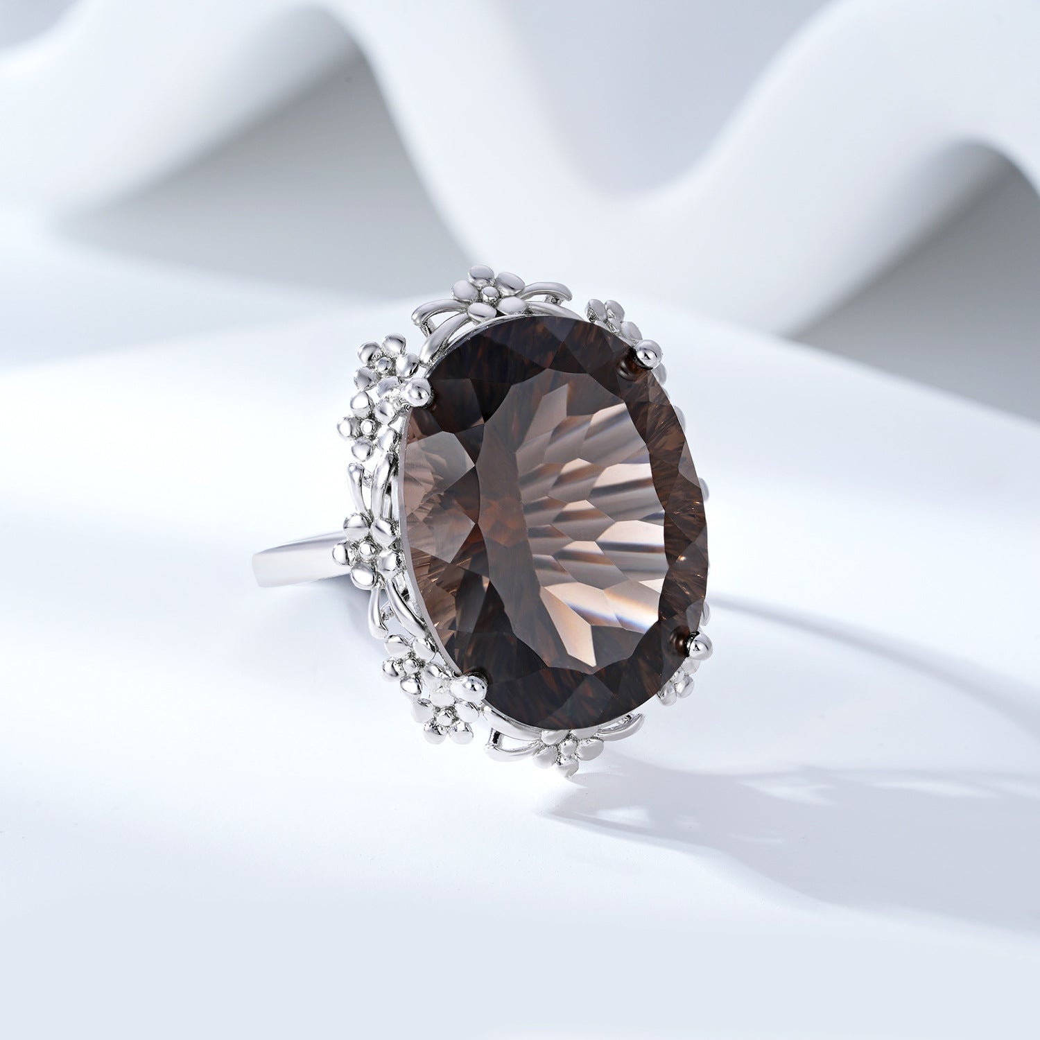 Natural Tea Crystal Ring Set in S925 Sterling Silver | Elvarina