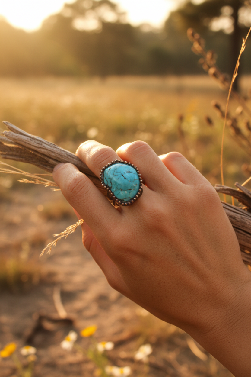 Blue Turquoise Adjustable Open Ring | Handmade Gemstone | Elvarina