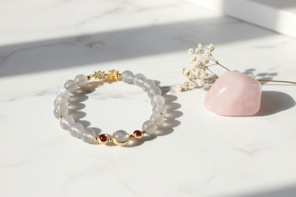 Grey Moonstone Bracelet - Marble Flat Lay