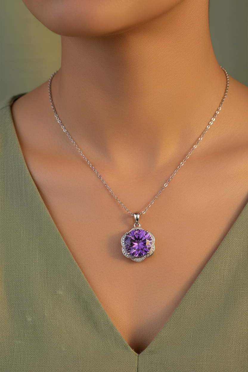 Amethyst Flower Pendant Necklace | S925 | Elvarina
