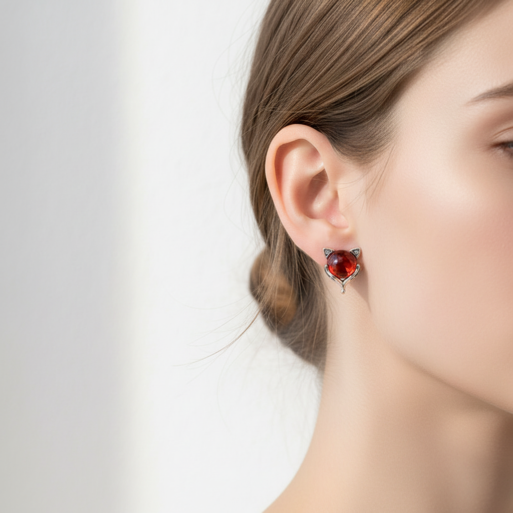 Red Fox Garnet Stud Earrings | S925 Sterling Silver | Elvarina