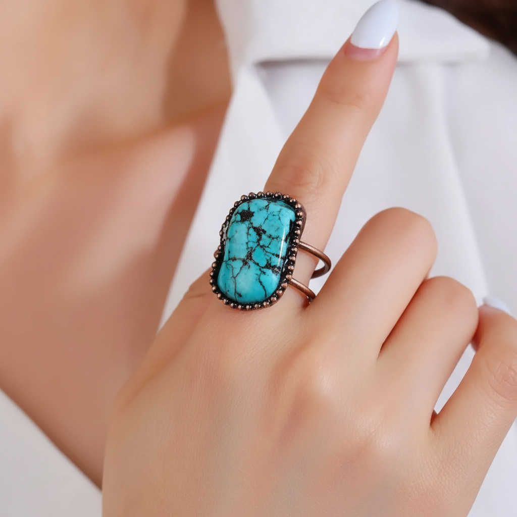 Blue Turquoise Adjustable Open Ring | Handmade Gemstone | Elvarina